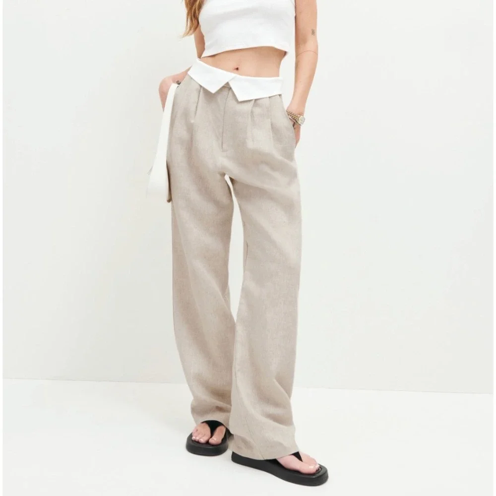 REFORMATION Stevie High Rise Foldover Wide Leg Linen Pant in Oatmeal